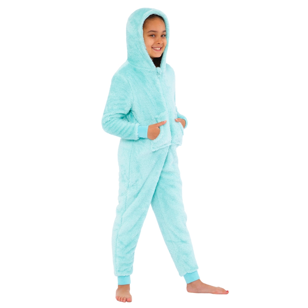 Girls Mint Green Fluffy Fleece Hooded Onesie (15571089523070)