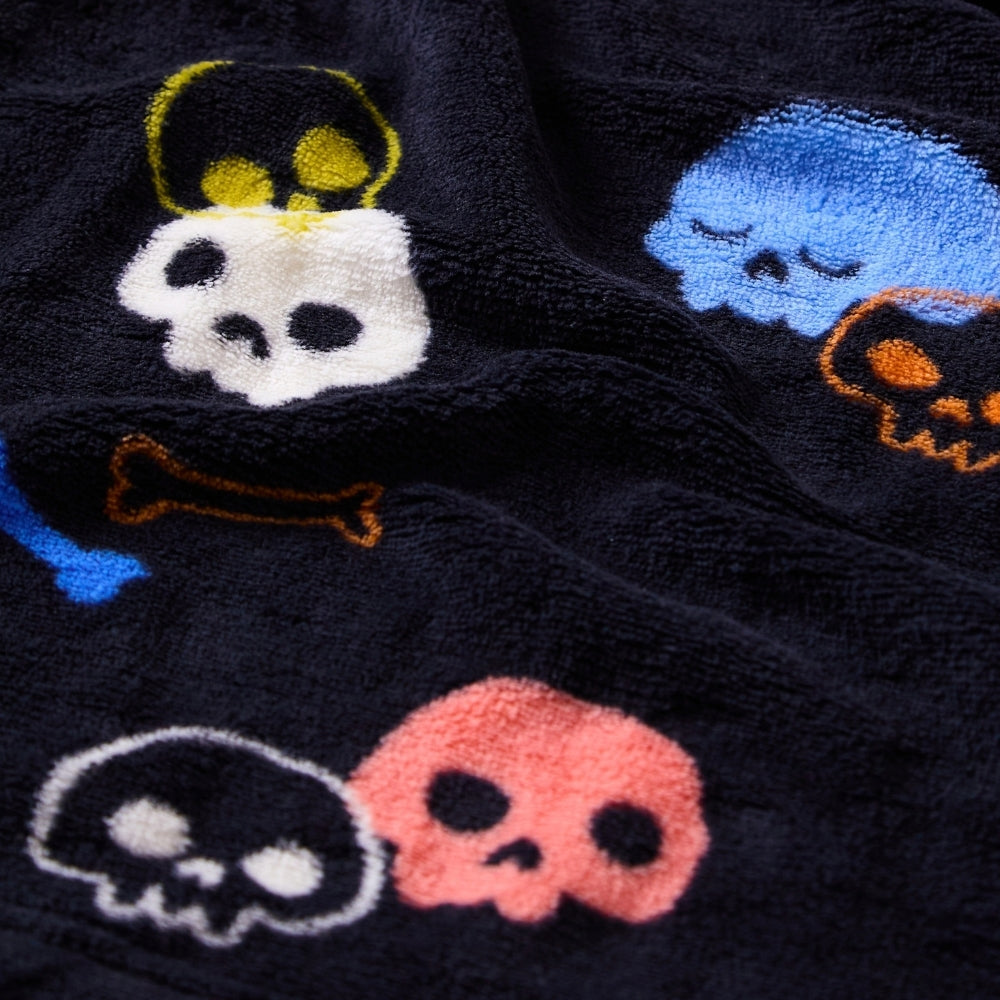 Black Skull Print Fleece Hooded Dressing Gown