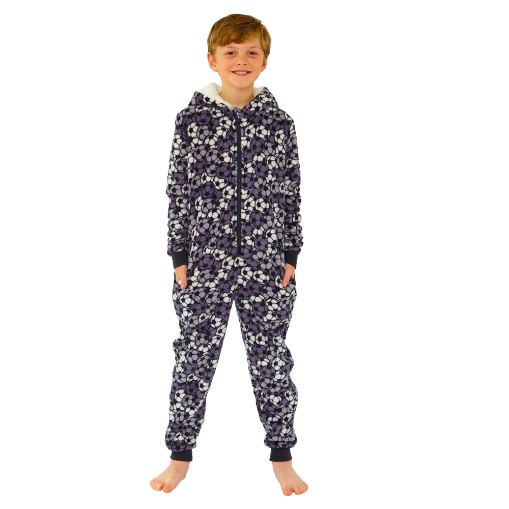 Kids Football Print Fleece Hooded Onesie (14742323003774)