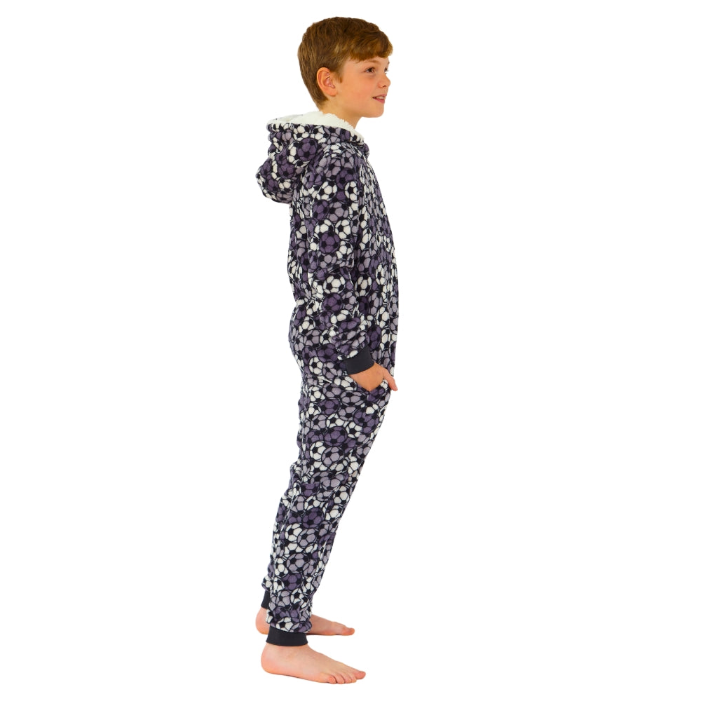 Kids Football Print Fleece Hooded Onesie (14742323003774)