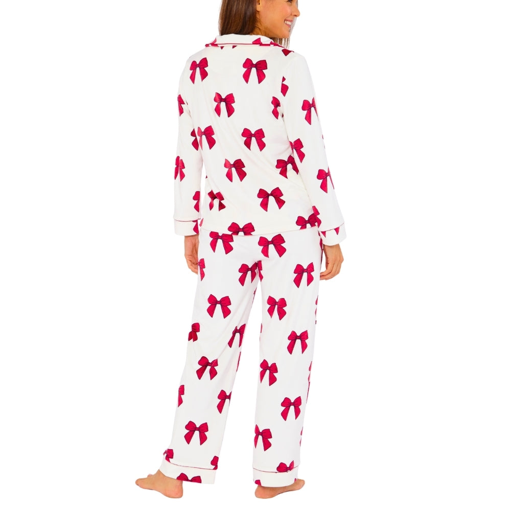Womens Bow Print Velour Pyjamas (15592033190270)