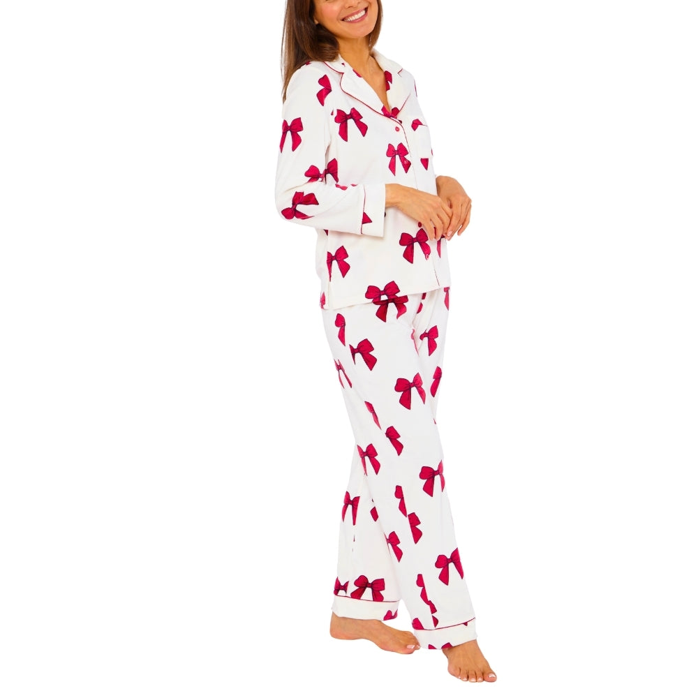 Womens Bow Print Velour Pyjamas (15592033190270)
