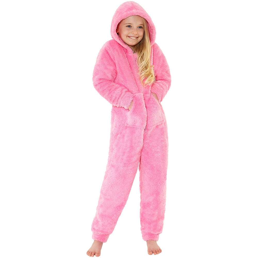 Kids Pink Fluffy Fleece Hooded Onesie Kids Onesies – kidsonesies