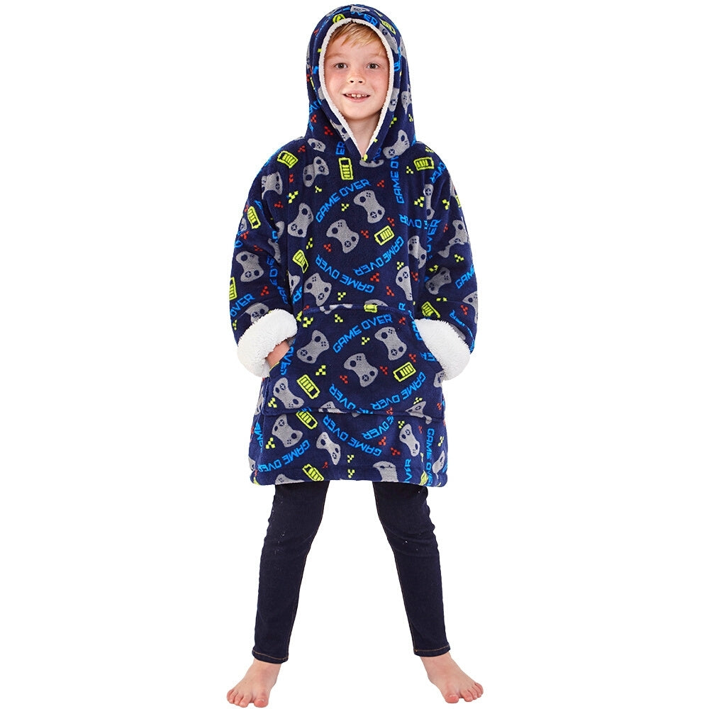 Kids Navy Blue Gaming Fleece Wearable Hoodie Blanket