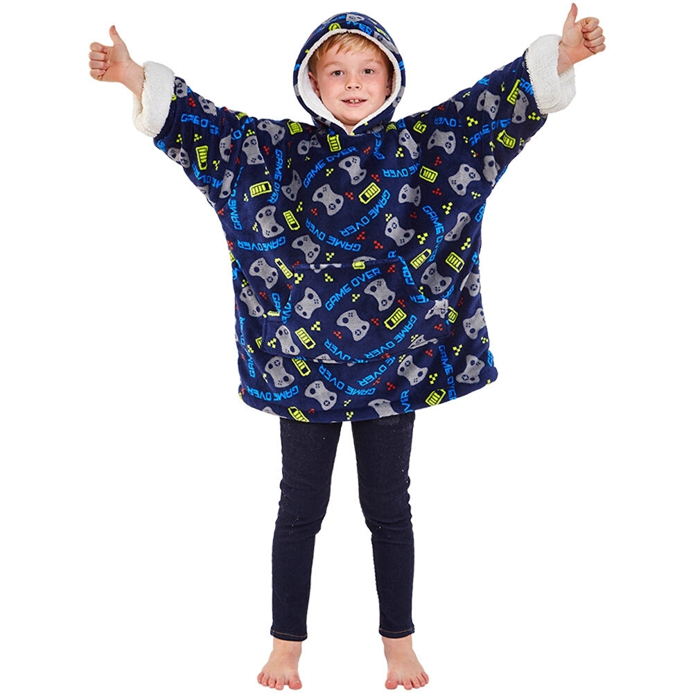 Kids Navy Blue Gaming Fleece Wearable Hoodie Oodie Blanket