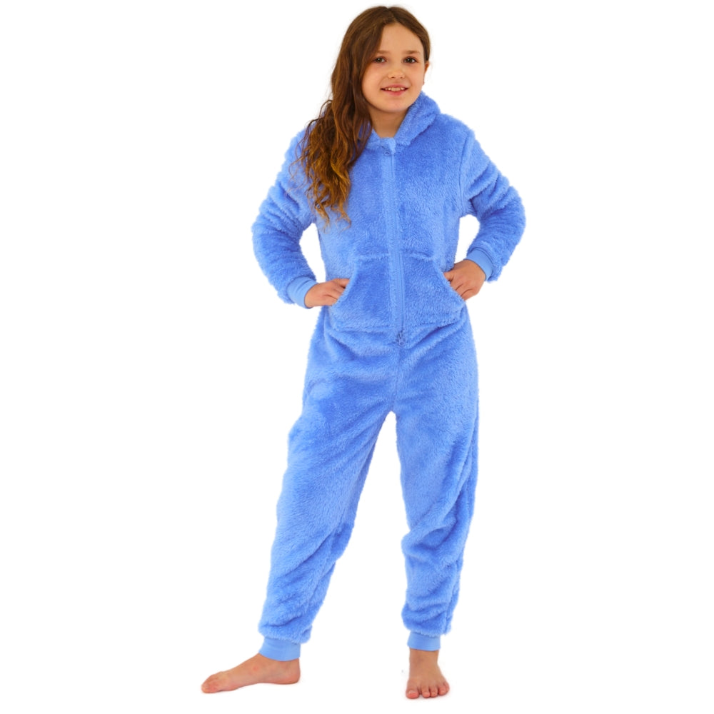 Kids Blue Fluffy Fleece Hooded Onesie (14742321561982)