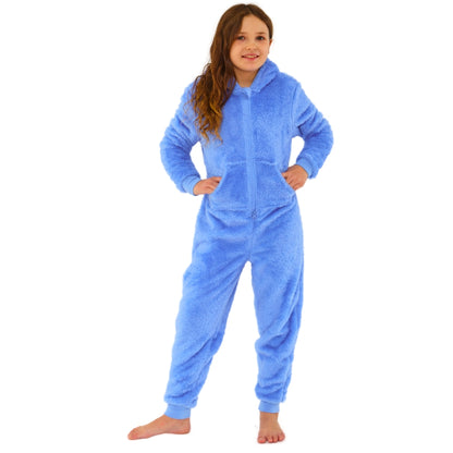 Kids Blue Fluffy Fleece Hooded Onesie (14742321561982)