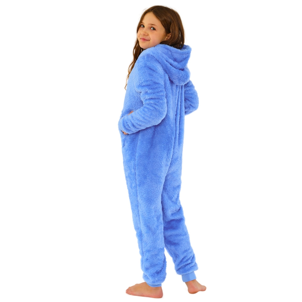 Kids Blue Fluffy Fleece Hooded Onesie (14742321561982)