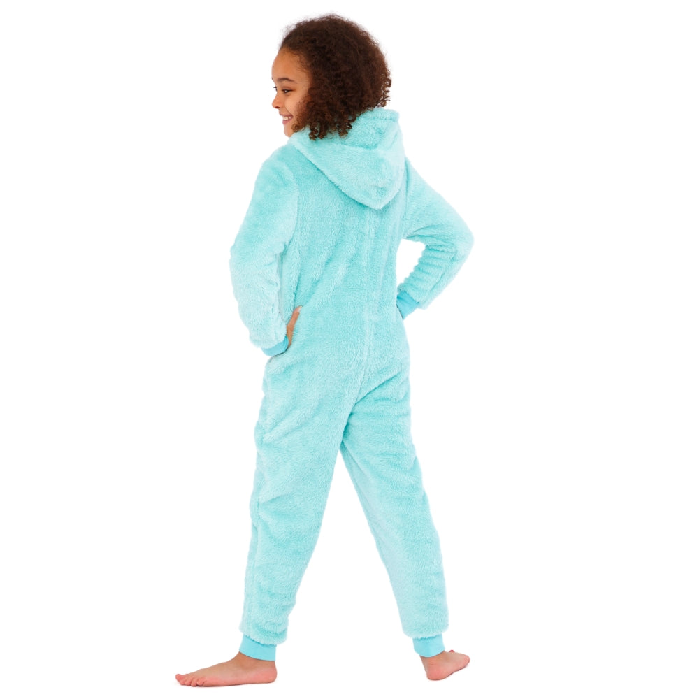 Girls Mint Green Fluffy Fleece Hooded Onesie (15571089523070)