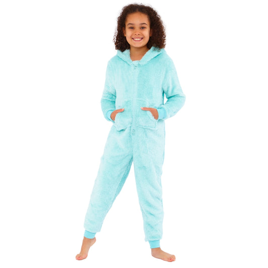 Girls Mint Green Fluffy Fleece Hooded Onesie (15571089523070)