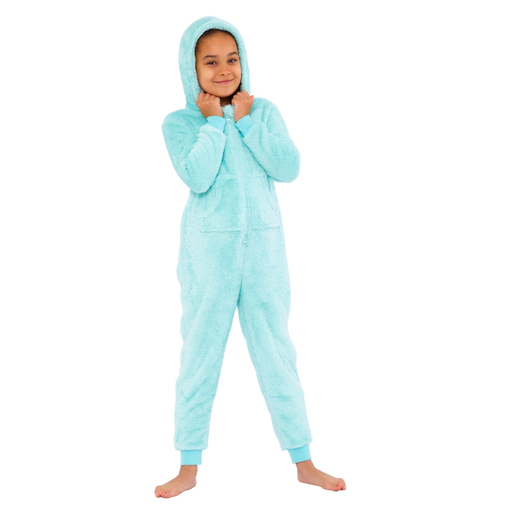 Girls Mint Green Fluffy Fleece Hooded Onesie (15571089523070)