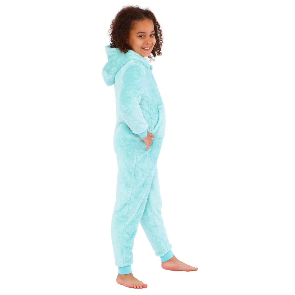 Girls Mint Green Fluffy Fleece Hooded Onesie (15571089523070)