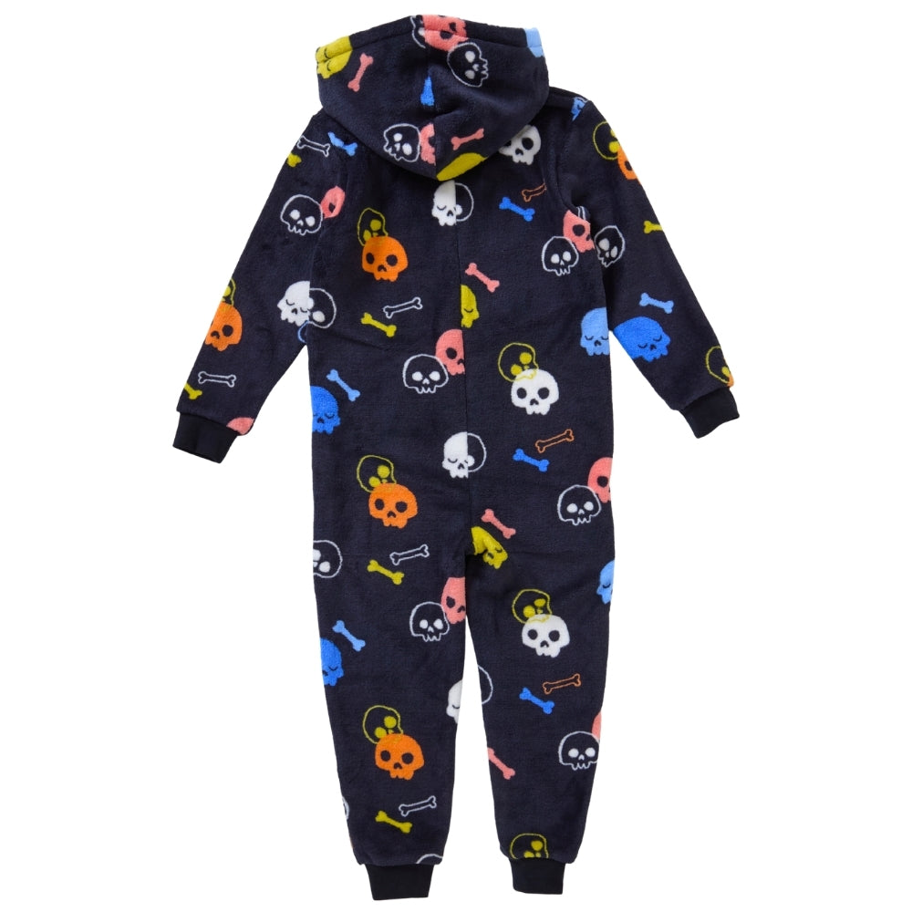 Black Skull Print Fleece Hooded Onesie