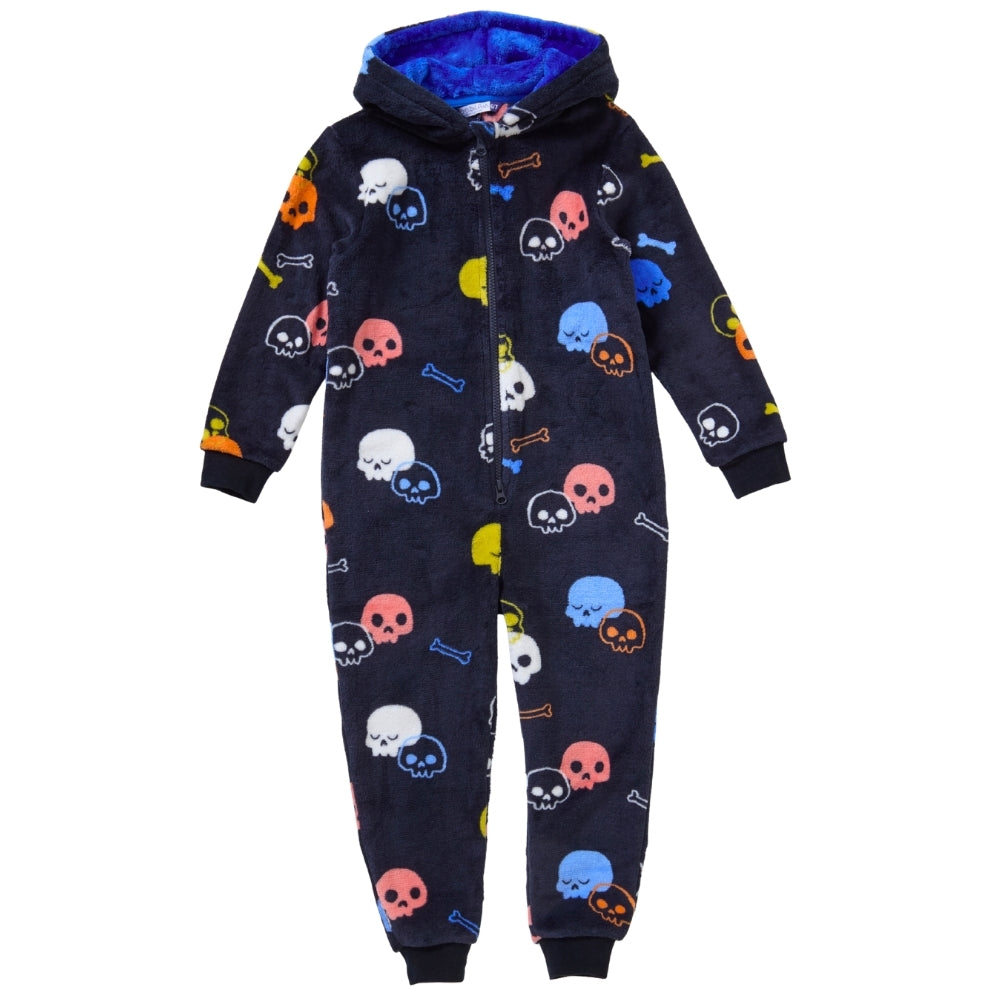 Boys Childs Teens Unisex Black Skull Print Fleece Hooded Onesie