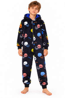 Black Skull Print Fleece Hooded Onesie