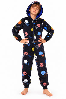 Black Skull Print Fleece Hooded Onesie