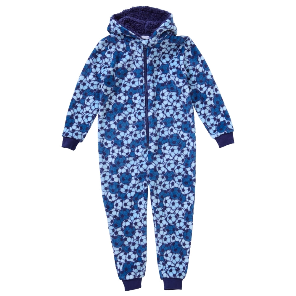 Boys Childs Teens Unisex Blue Football Print Fleece Hooded Onesie