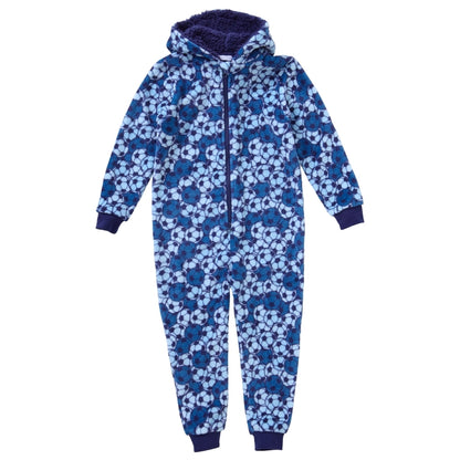 Boys Childs Teens Unisex Blue Football Print Fleece Hooded Onesie