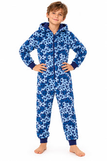 Blue Football Print Fleece Hooded Onesie