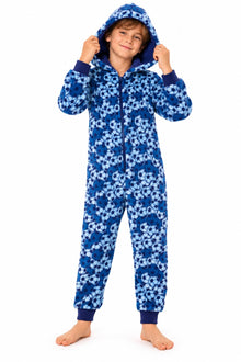 Blue Football Print Fleece Hooded Onesie