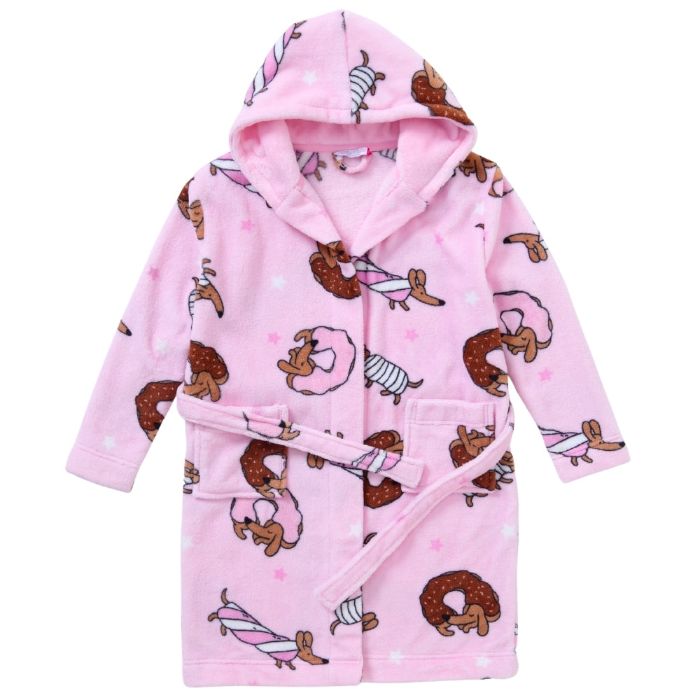 Girls Childs Teens Unisex Pink Dog Doughnut Print Fleece Hooded Dressing Gown