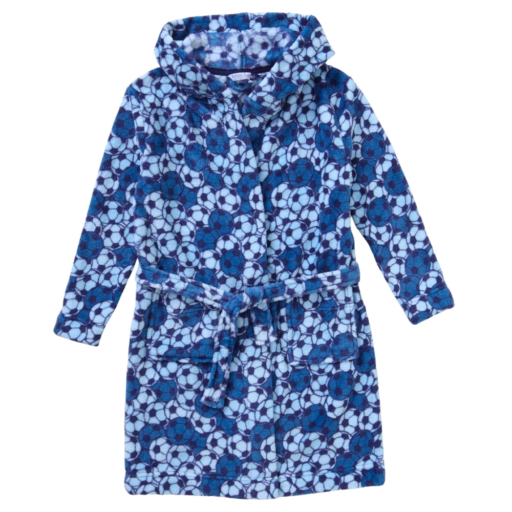 Boys Childs Teens Unisex Blue Football Print Fleece Hooded Dressing Gown