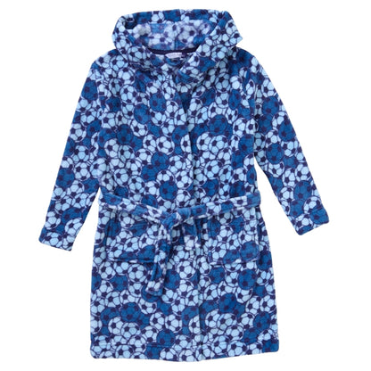 Boys Childs Teens Unisex Blue Football Print Fleece Hooded Dressing Gown