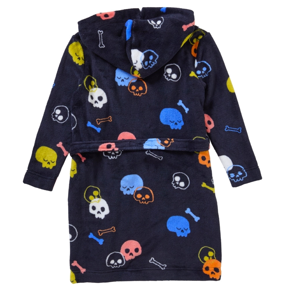 Black Skull Print Fleece Hooded Dressing Gown