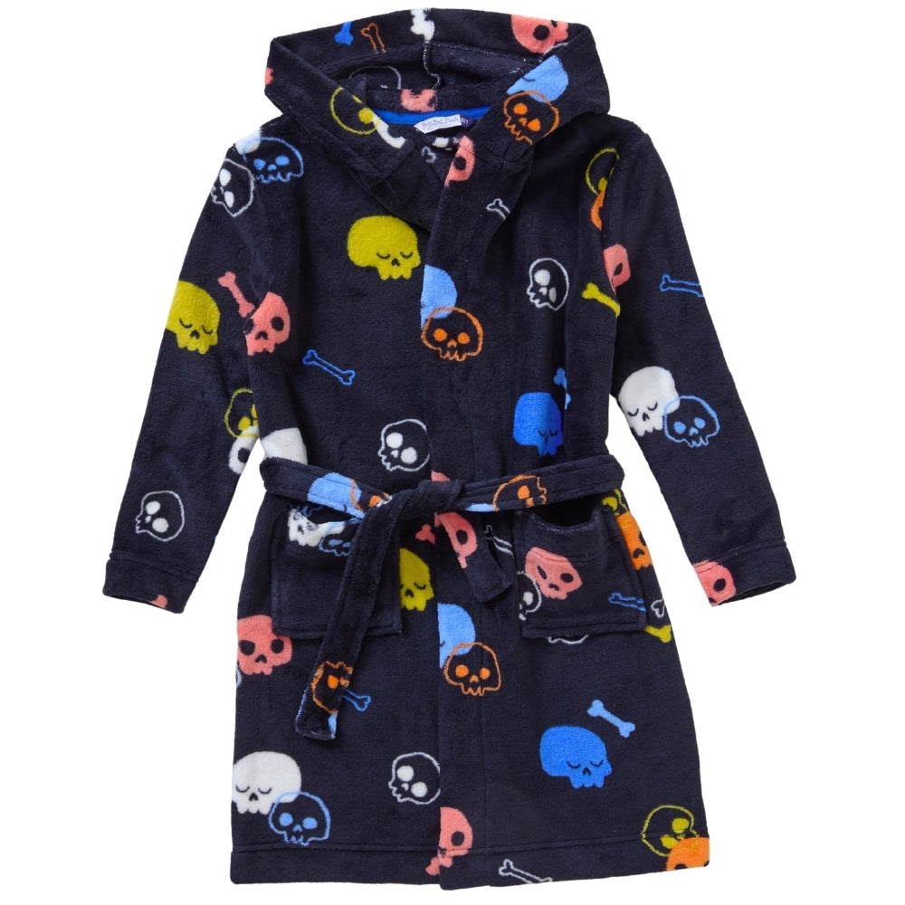 Boys Childs Teens Unisex Black Skull Print Fleece Hooded Dressing Gown