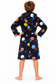 Black Skull Print Fleece Hooded Dressing Gown