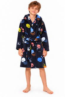 Black Skull Print Fleece Hooded Dressing Gown