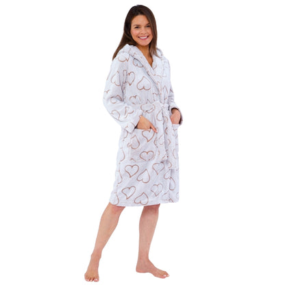 Women's White Hearts Embossed Fleece Dressing Gown