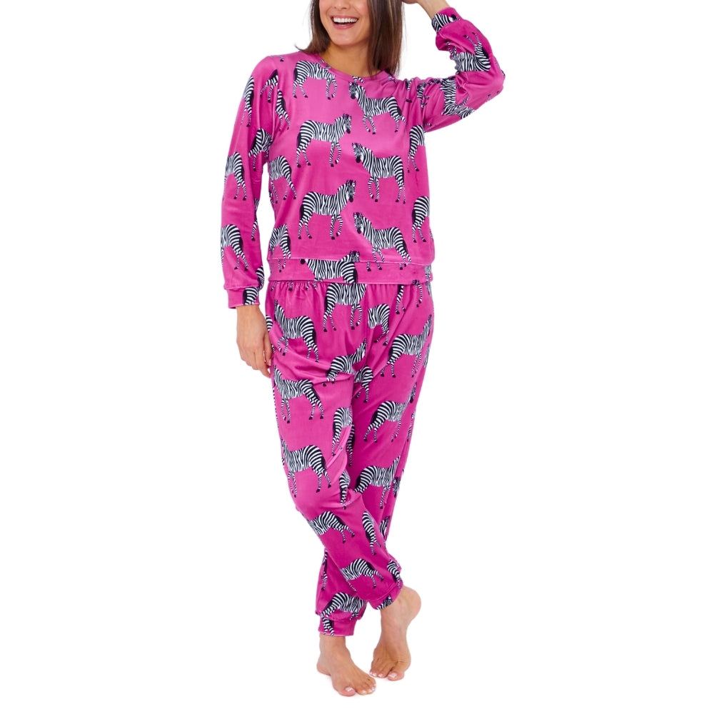 Womens Zebra Print Velour Pyjamas (15592033288574)