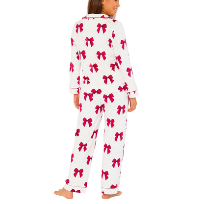 Womens Bow Print Velour Pyjamas (15592033190270)