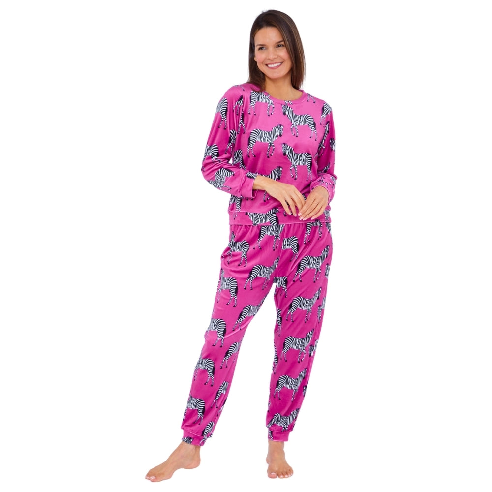 Womens Zebra Print Velour Pyjamas