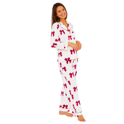 Womens Bow Print Velour Pyjamas