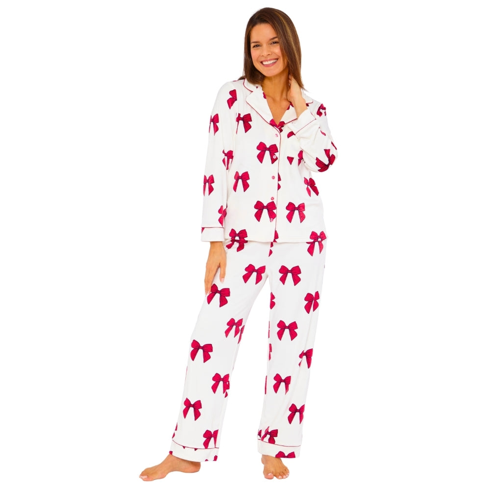 Womens Bow Print Velour Pyjamas