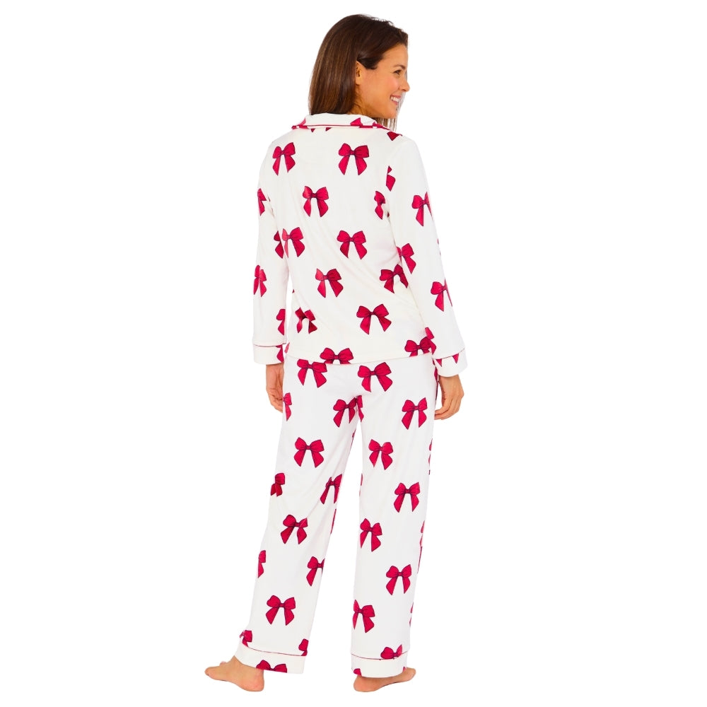 Womens Bow Print Velour Pyjamas