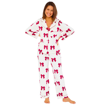 Womens Bow Print Velour Pyjamas