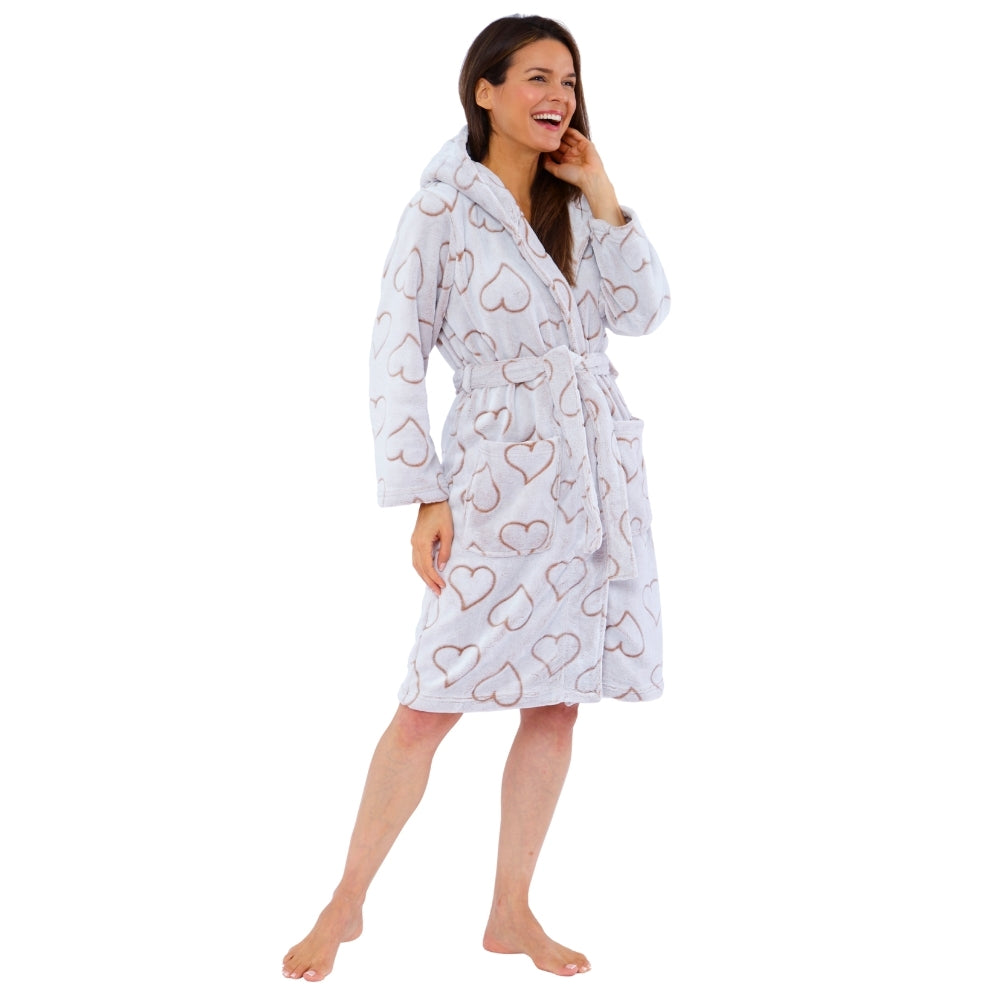 Women's White Hearts Embossed Fleece Dressing Gown