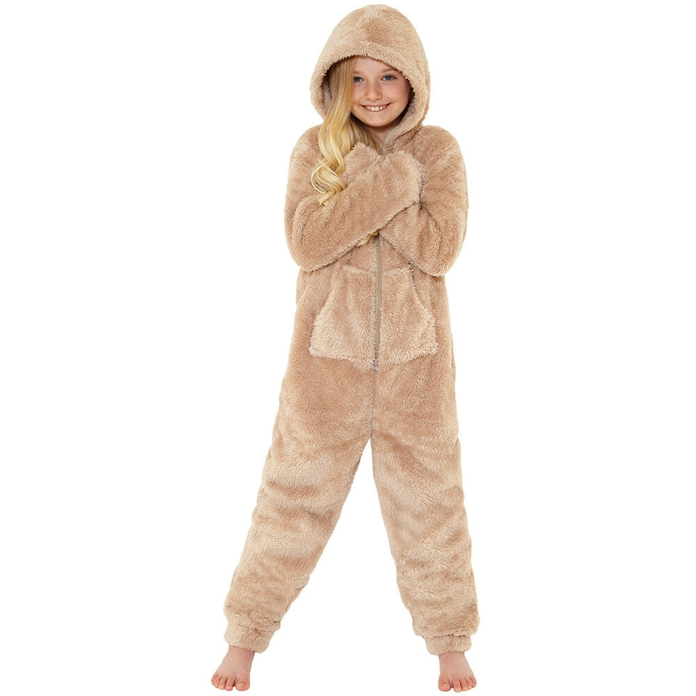 Girls Beige Fluffy Shaggy Fleece Onesie (7119991439521)