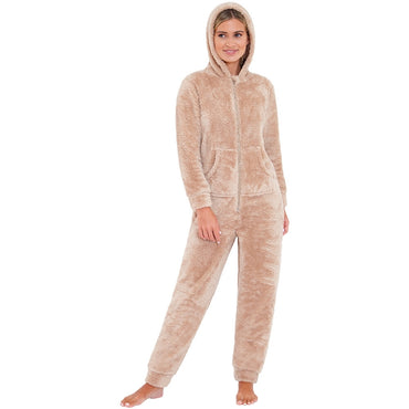 Women's Beige Fluffy Shaggy Fleece Onesie (7119990915233)