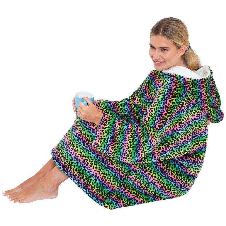 Womens Rainbow Animal Fleece Wearable Hoodie Blanket (7104704282785)