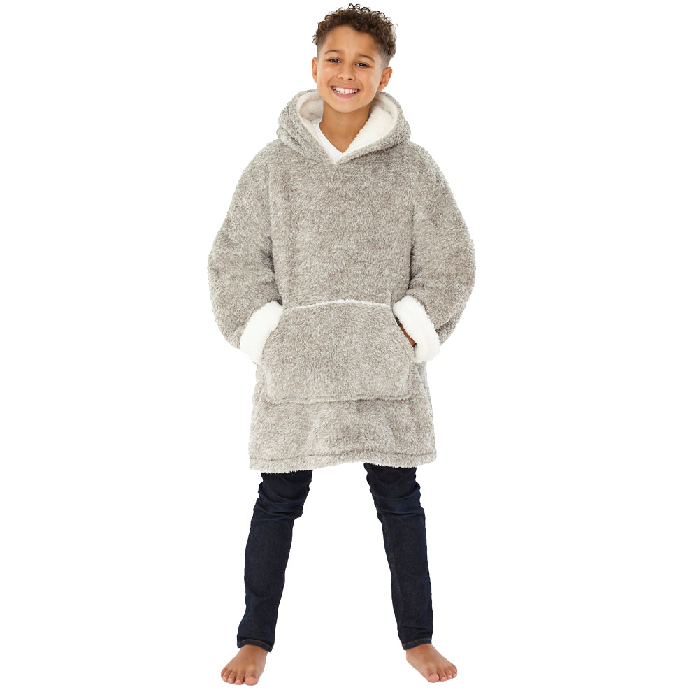 Kids Grey Fluffy Fleece Wearable Hoodie Blanket (7872968261858)