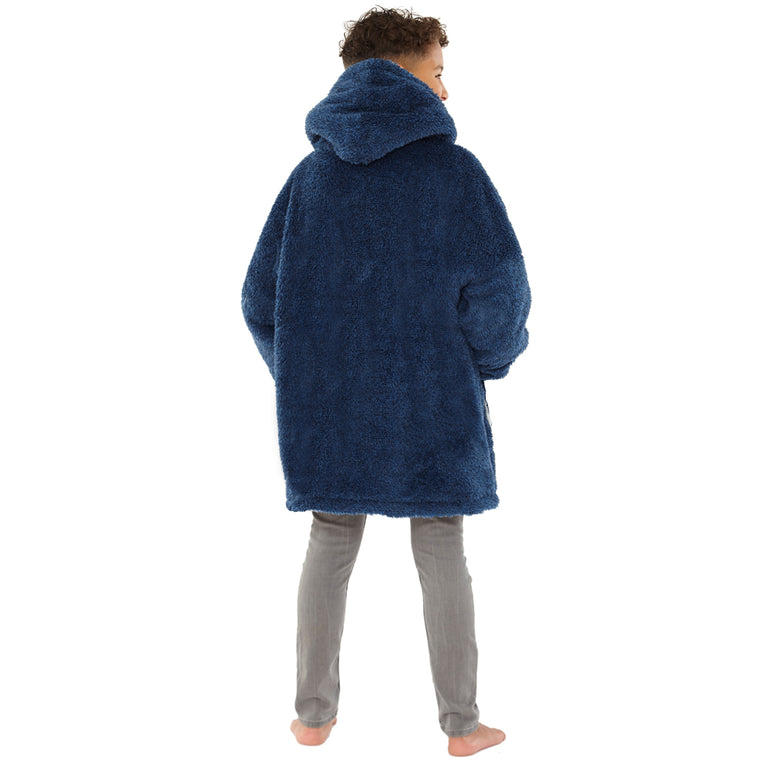 Kids Navy Blue Fluffy Fleece Wearable Hoodie Blanket (7872968229090)