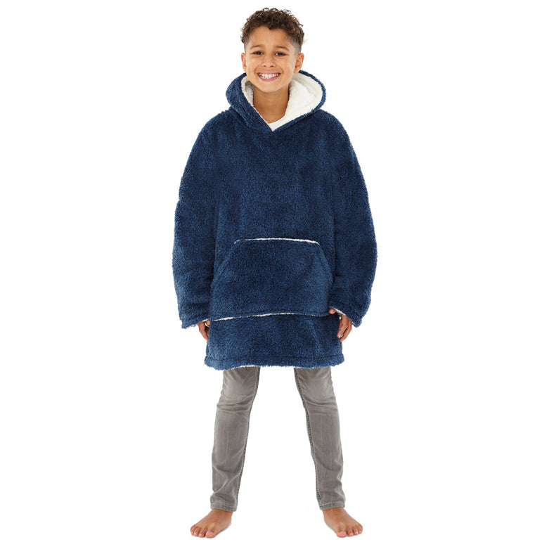 Kids Navy Blue Fluffy Fleece Wearable Hoodie Blanket (7872968229090)