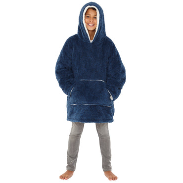 Kids Navy Blue Fluffy Fleece Wearable Hoodie Blanket (7872968229090)
