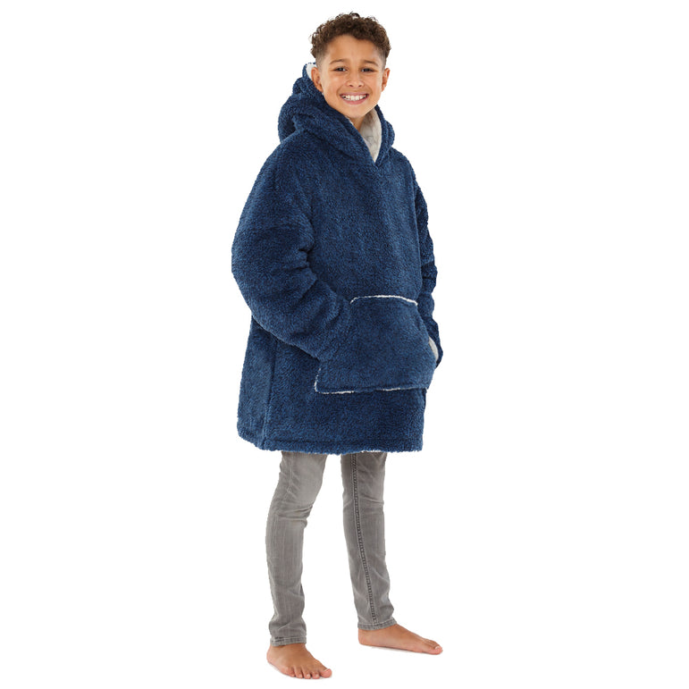 Kids Navy Blue Fluffy Fleece Wearable Hoodie Blanket (7872968229090)